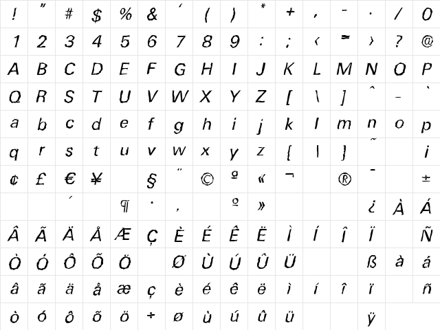 UltimateRandom Italic  glyph index