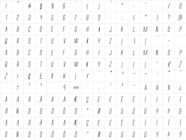 Alien League II Italic Italic  glyph index