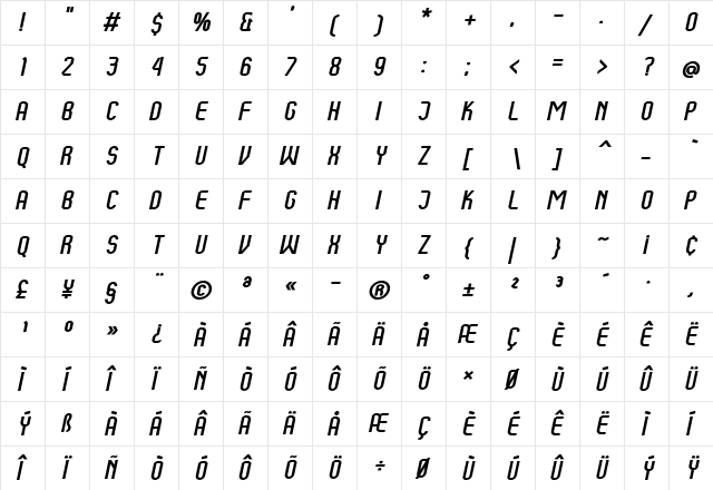 Kumba Italic  glyph index
