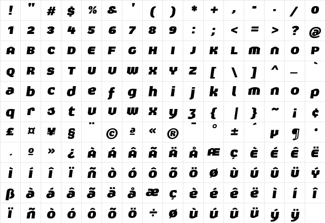 Exert BlackItalic  glyph index