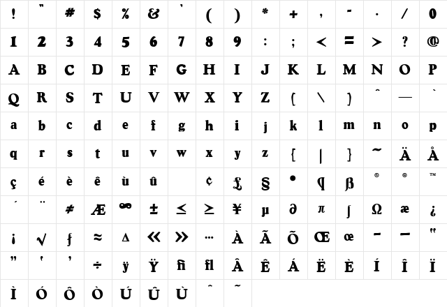 Oswald Grey Black  glyph index