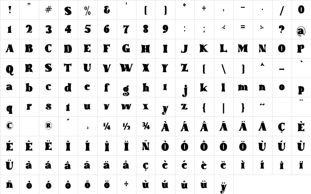 tommy font bold Regular  glyph index