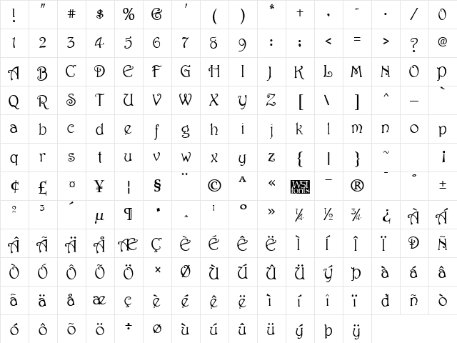 Harbinger Regular  glyph index