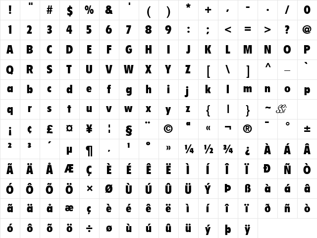 Emphasis Black Condensed SSi Bold Condensed  glyph index