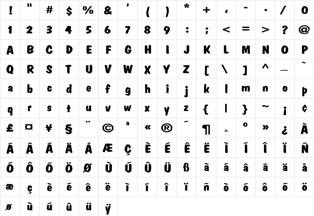 DomCasual-Bold Wd Regular  glyph index