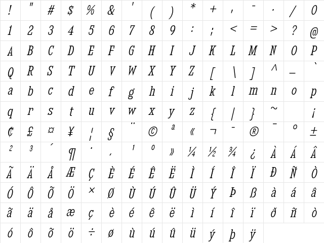 Kingsbridge Condensed Light Italic  glyph index