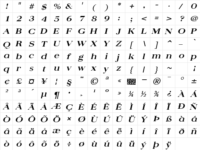 QuantasBroad Bold Italic  glyph index