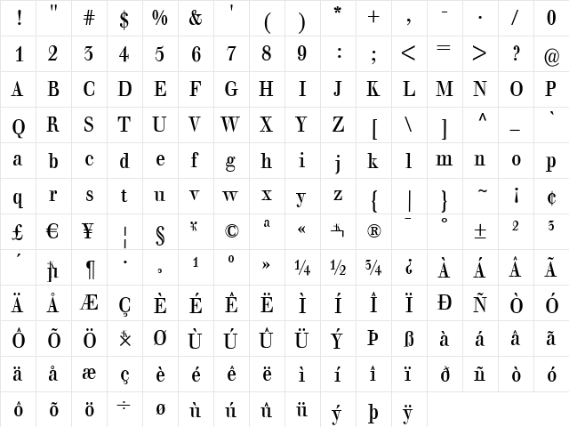 BaumWell Regular  glyph index