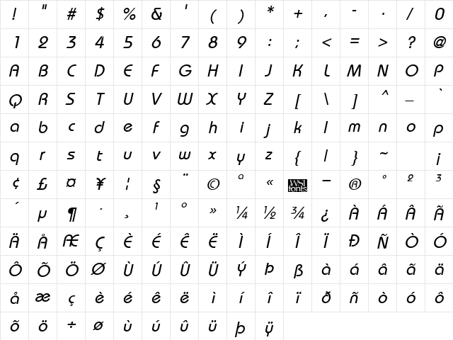 Bordeaux Italic  glyph index