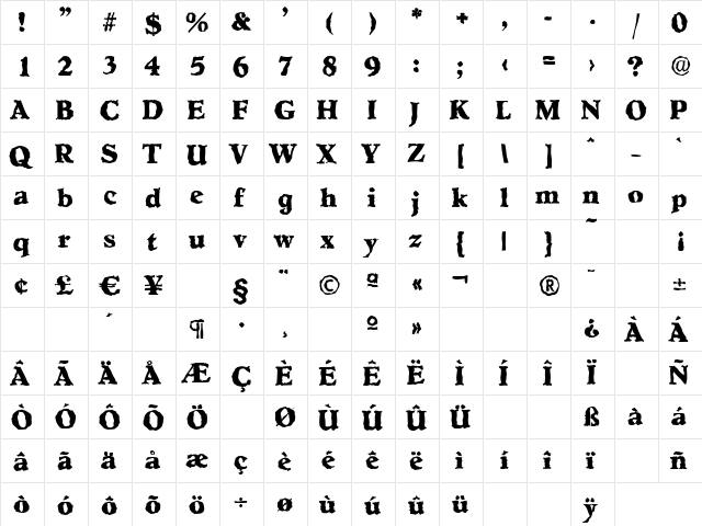 HobokenRandom-Xbold Regular  glyph index