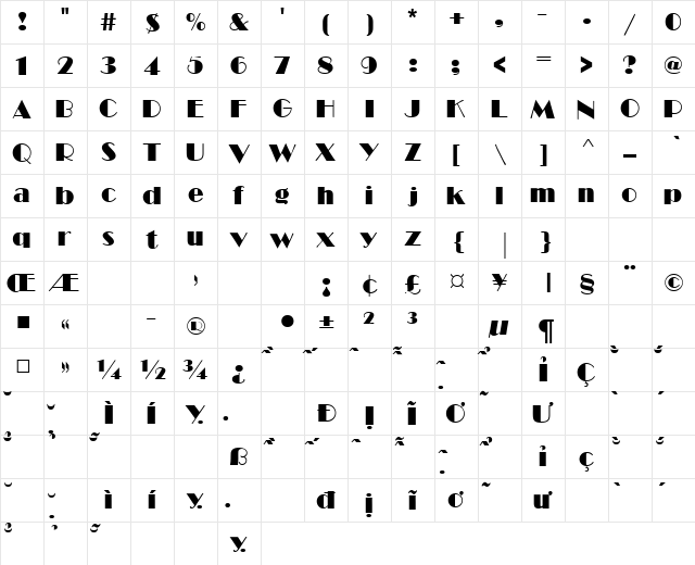 VNI-Broad Normal  glyph index
