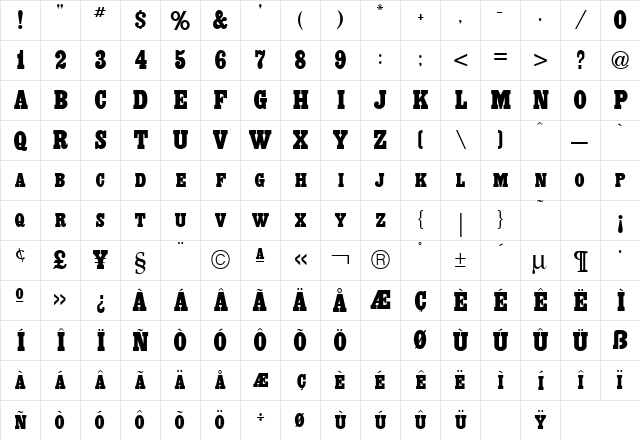 Headliner Regular  glyph index