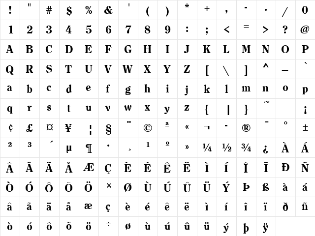 ClearfaceH Bold  glyph index