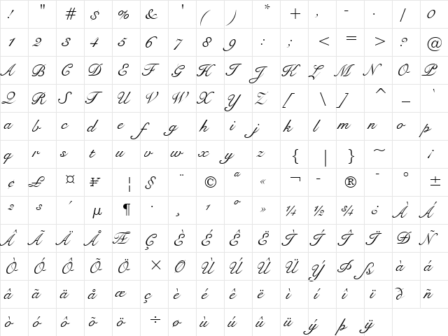 Snell BT Regular  glyph index