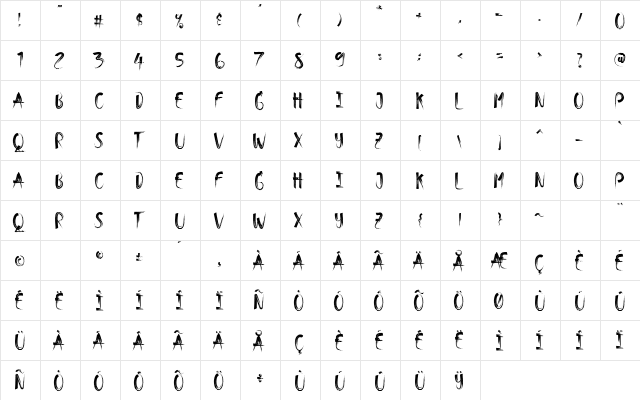 Bimber Brush Regular  glyph index