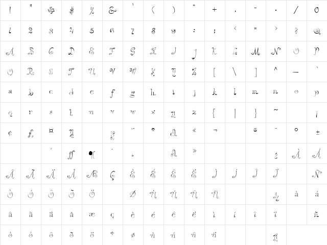 Pizzicato Regular  glyph index