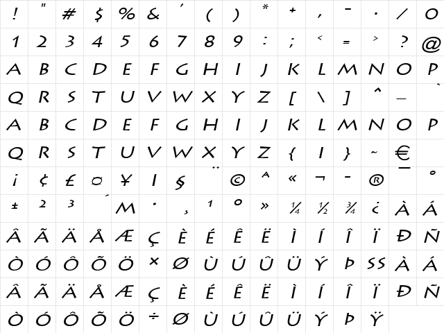 ListeWide Italic  glyph index