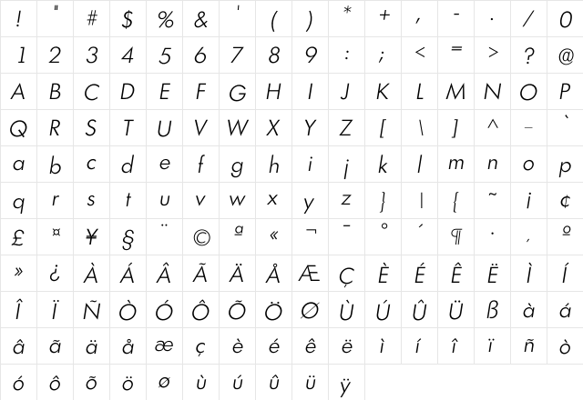 Ilimerick Light  glyph index