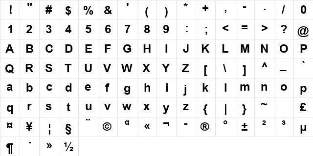 Arial Greek Bold  glyph index