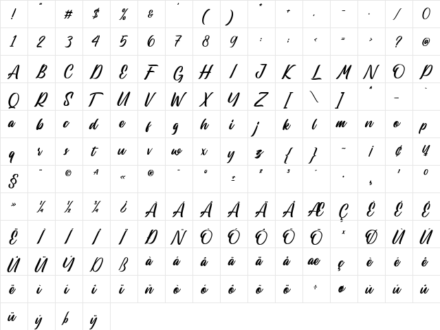 Lastwinter Regular  glyph index