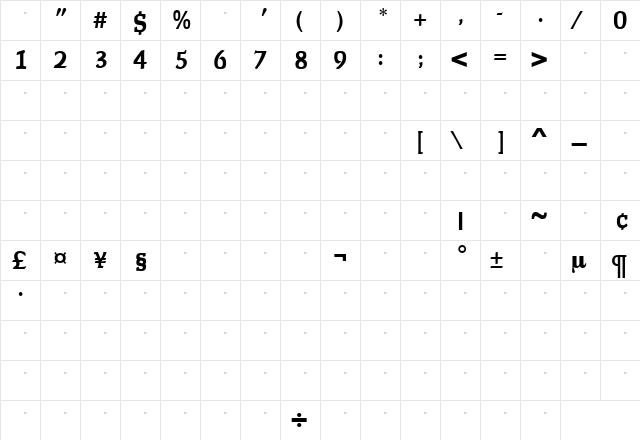 FaustBoldTab Roman  glyph index