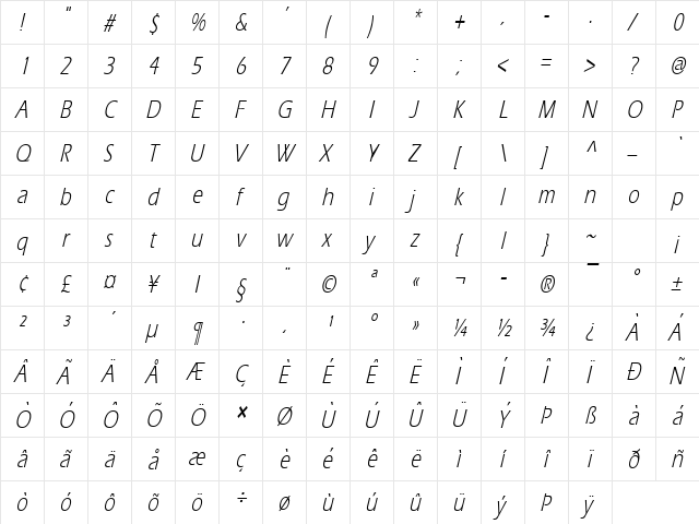 Eric Thin Italic  glyph index