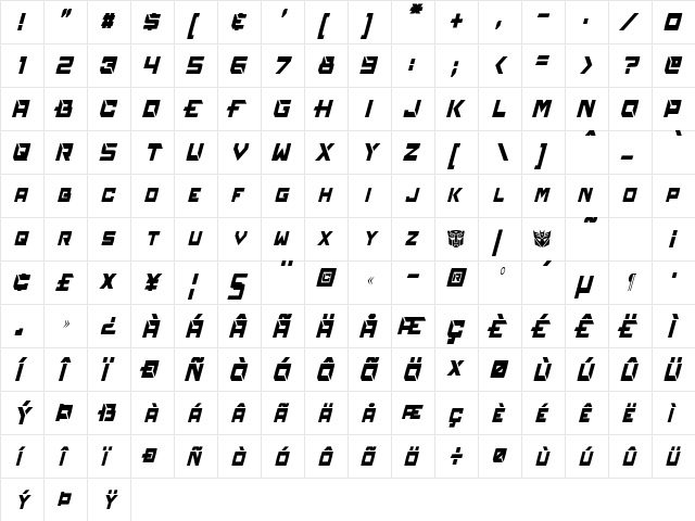 Reconstruct Condensed Italic  glyph index