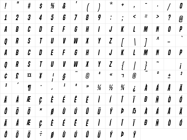 Built Titling SemiBold Italic  glyph index