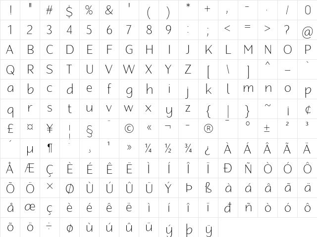 Robaga Rounded Thin Regular  glyph index