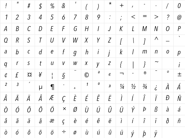 Avenir Next LT Pro Condensed Italic  glyph index