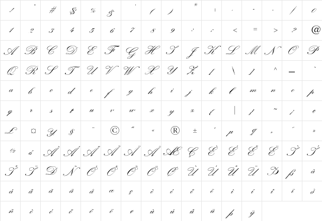 KuenstlerScript-TwoBold Regular  glyph index