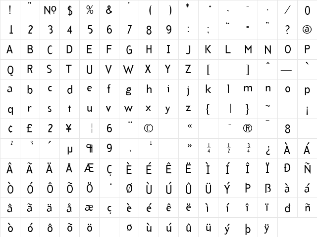 ArbitraryRegular Regular  glyph index