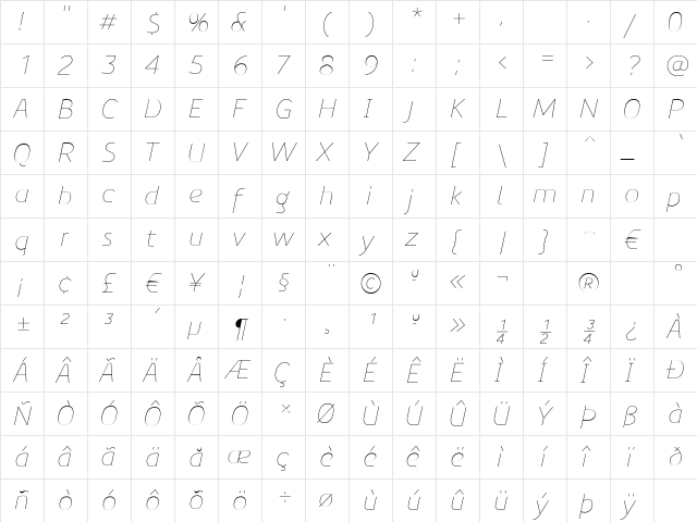 PreciousSansThinItalic Regular  glyph index