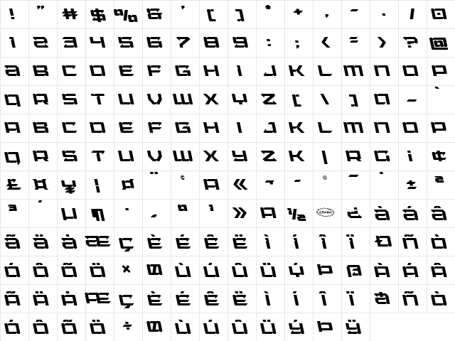 Laser Wolf Leftalic Italic  glyph index