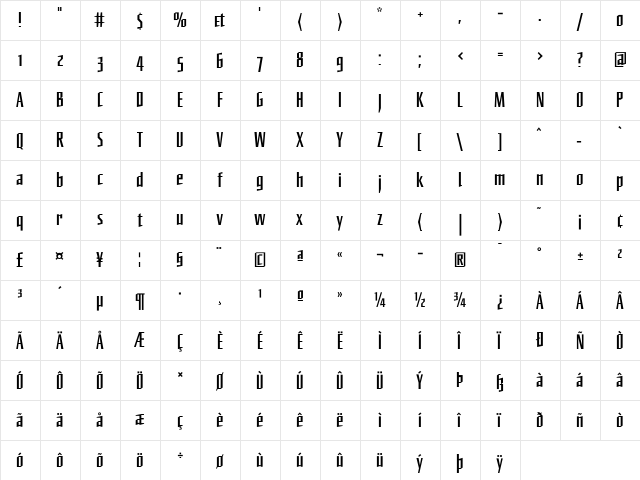 Primary Bold  glyph index