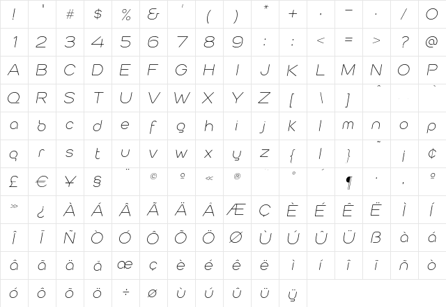 Cabourg OT LightOblique  glyph index