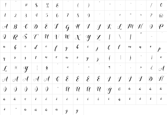 Loveya Script Regular  glyph index
