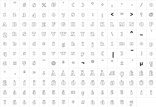 CooperBlackEF-BoldOutline Regular  glyph index
