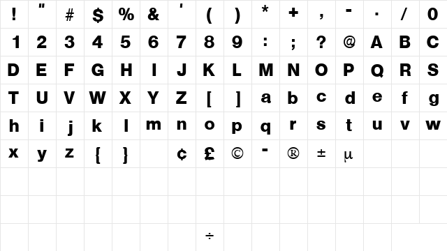 ChoqueDisplaySSK Regular  glyph index
