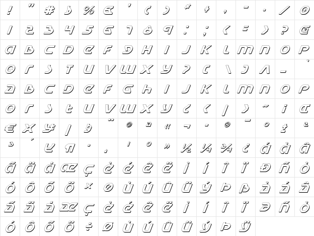 Universal Jack Shadow Italic Shadow Italic  glyph index