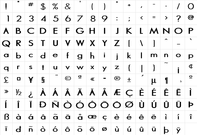 Marina Bold  glyph index