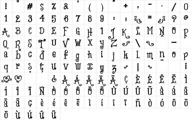 Tricky Hearts Regular  glyph index