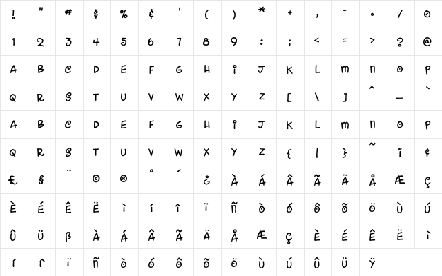 DanceParty Regular  glyph index