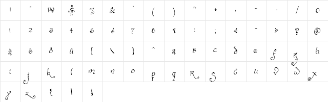 Bilbo-hand-Bold Regular  glyph index