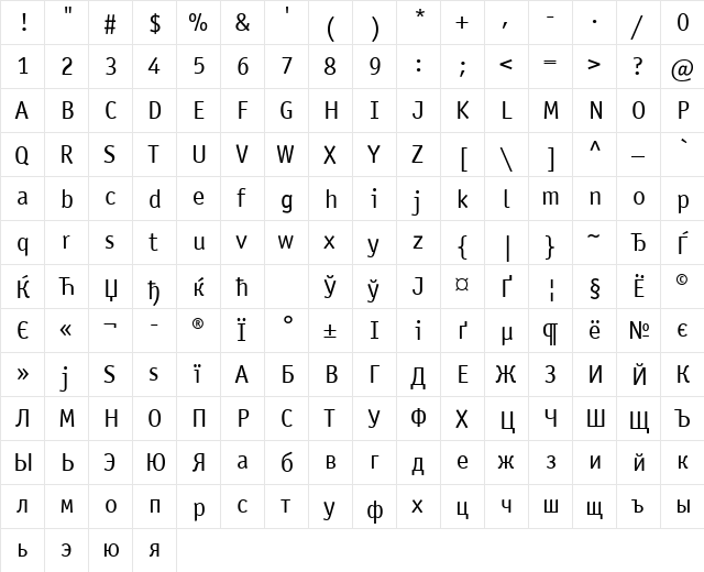 OfficinaSansCTT Regular  glyph index