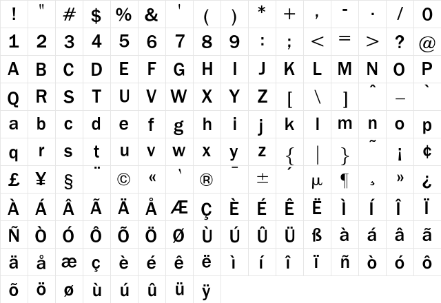 BenjaminGothicMedium Regular  glyph index