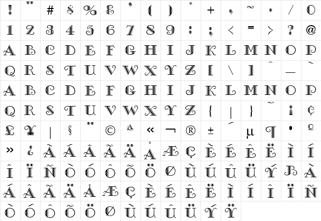 Galleria Regular  glyph index