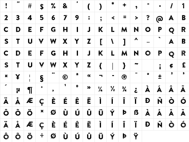 Brandon Printed Two  glyph index