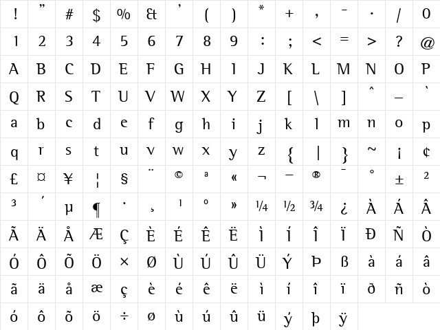 RotisSemiSerif55 Roman  glyph index