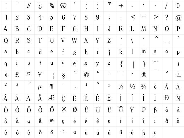 Windsor Light  glyph index